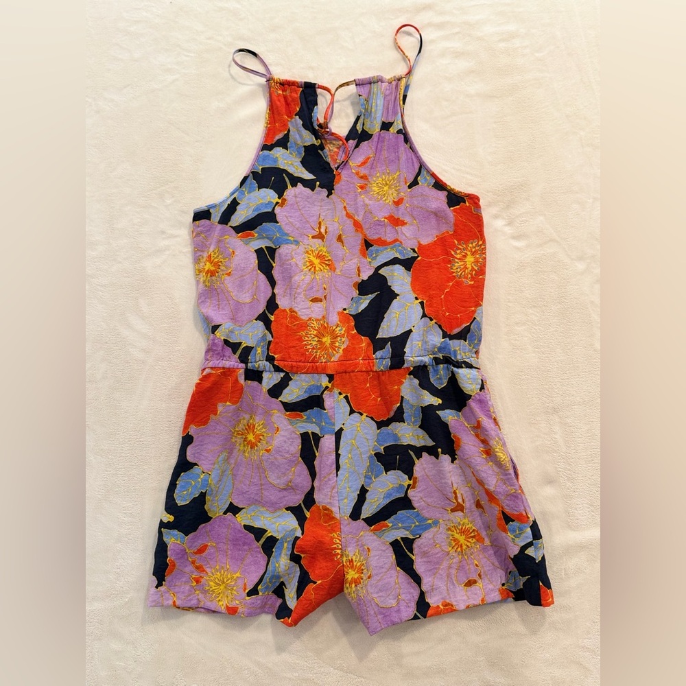 LOFT Petite Floral Romper MP Multicolor Tie Waist Adjustable Spaghetti Straps - Picture 9 of 10